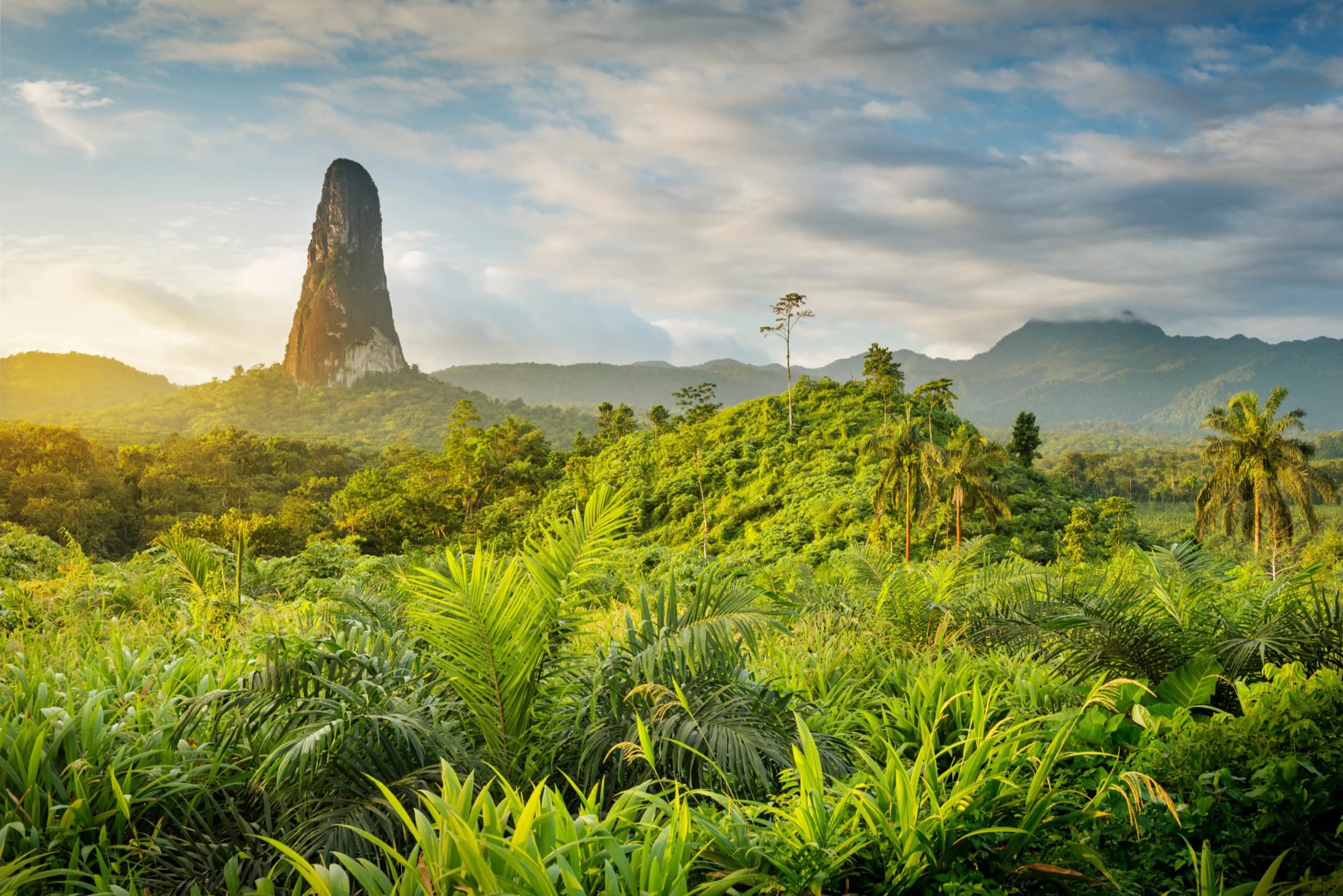 Volcanic peaks of São Tomé rising above Atlantic rainforest