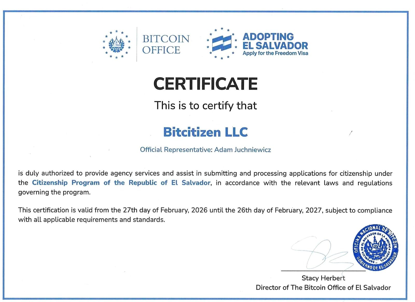21 CBI Licensed Agent Certificate, Bitcoin Office of El Salvador